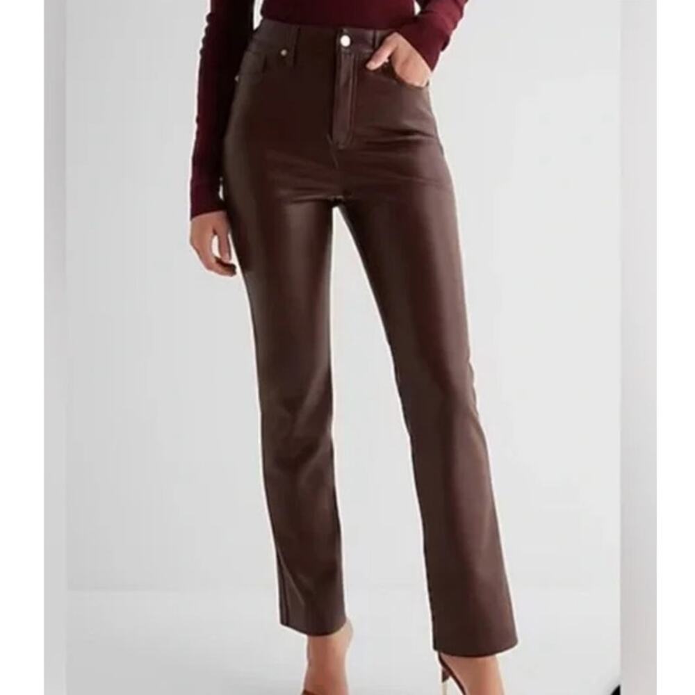 NEW Express Brown Faux Leather High Rise Straight Ankle Pants Womens XS 2